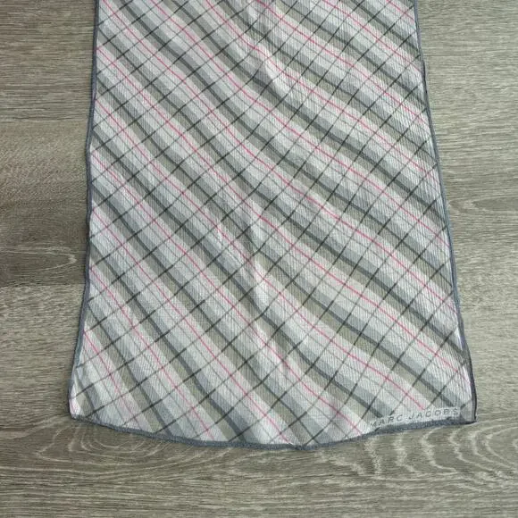 Marc Jacobs Silk Plaid Rectangular Scarf Lightweight Logo Detail - Picture 10 of 12